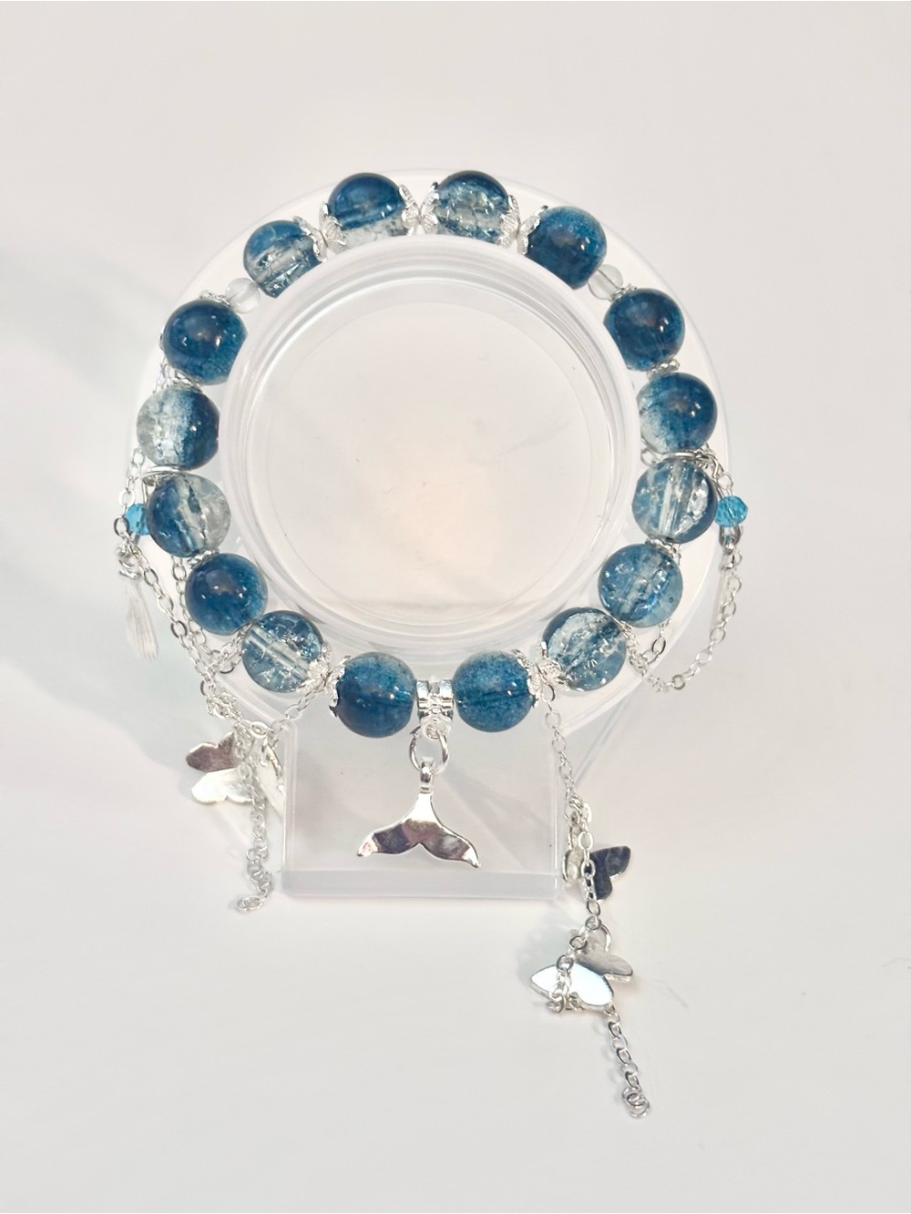 Hand Crafted Blue Beaded Charm Bracelet with Whale Tail And Butterfly Accents